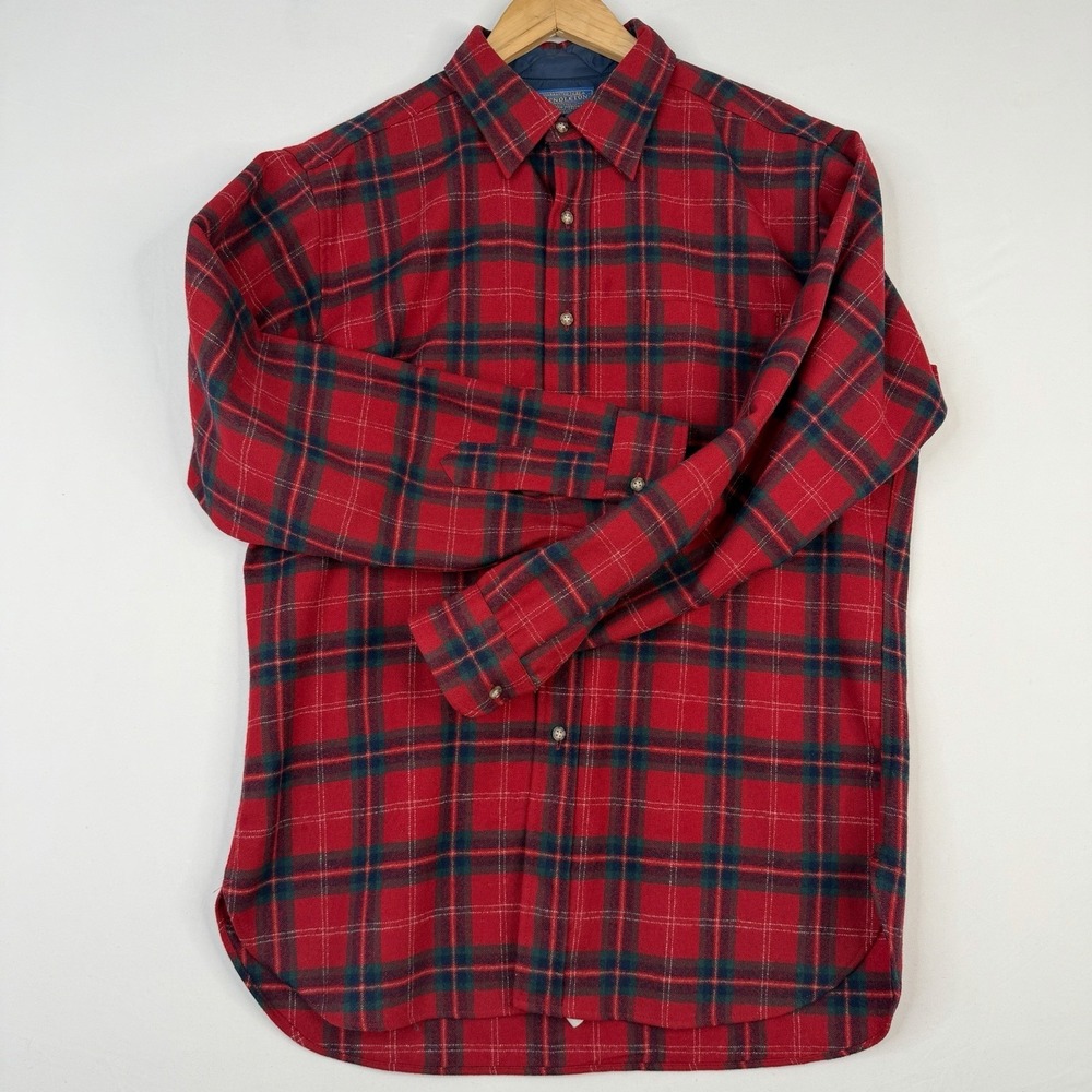 VTG Pendleton Shirt Mens Red Green Plaid Flannel Virgin Wool Button USA 90s SZ-L